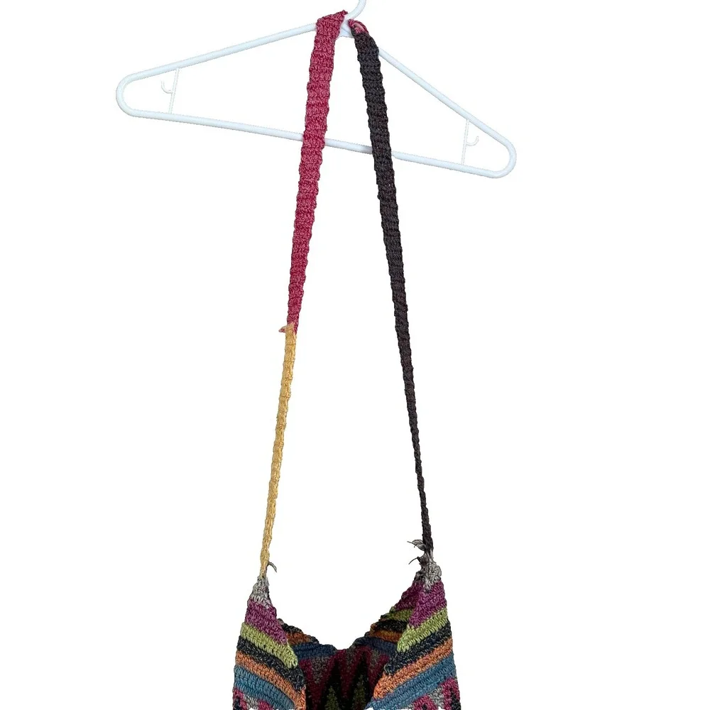 Vtg Y2K 90s Crochet Crossbody Bag Boho Rainbow Bucket Purse Hobo Hippie Festival